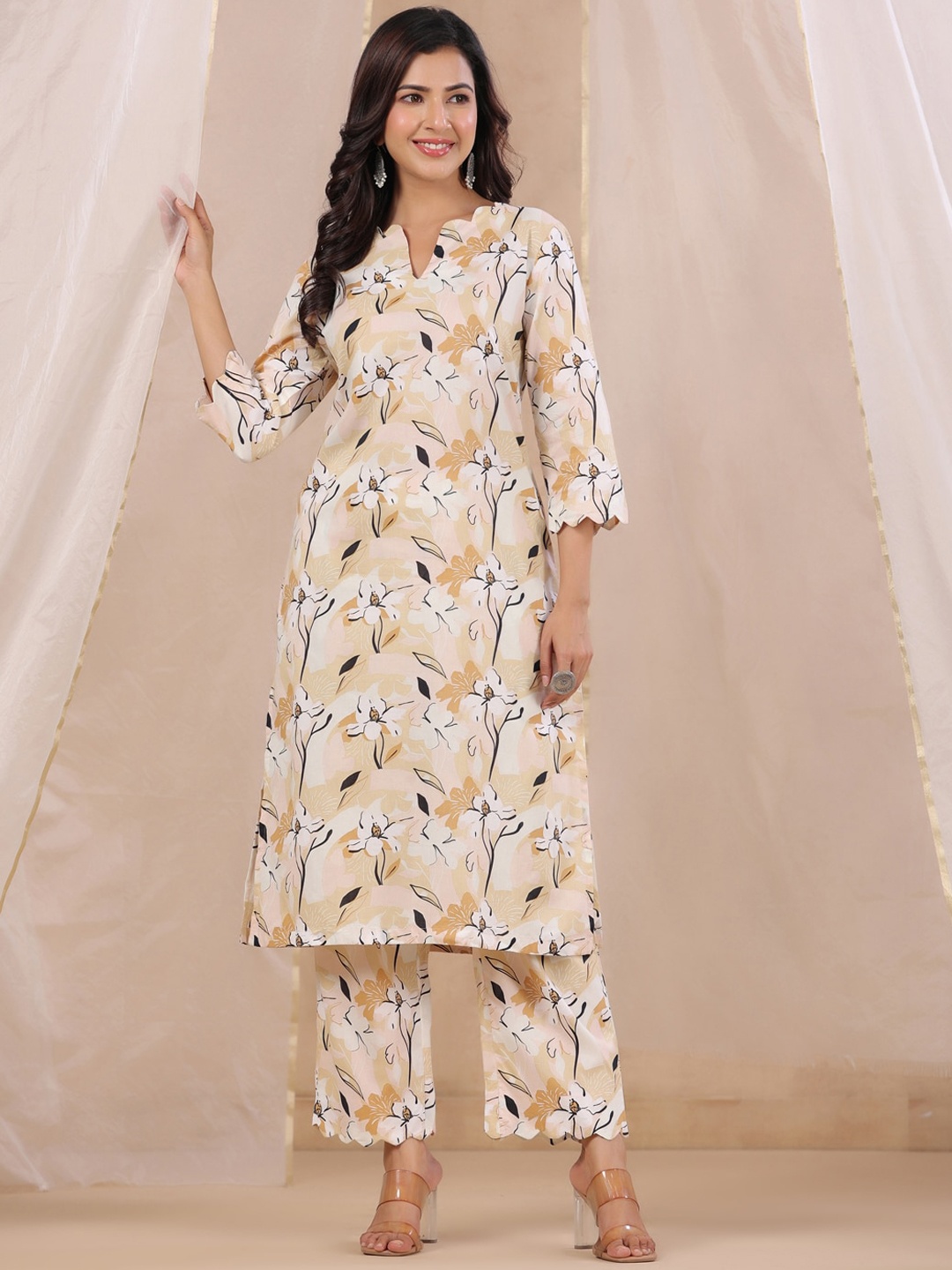 

RangDeep Floral Printed Regular Pure Cotton Kurta With Palazzos, Off white