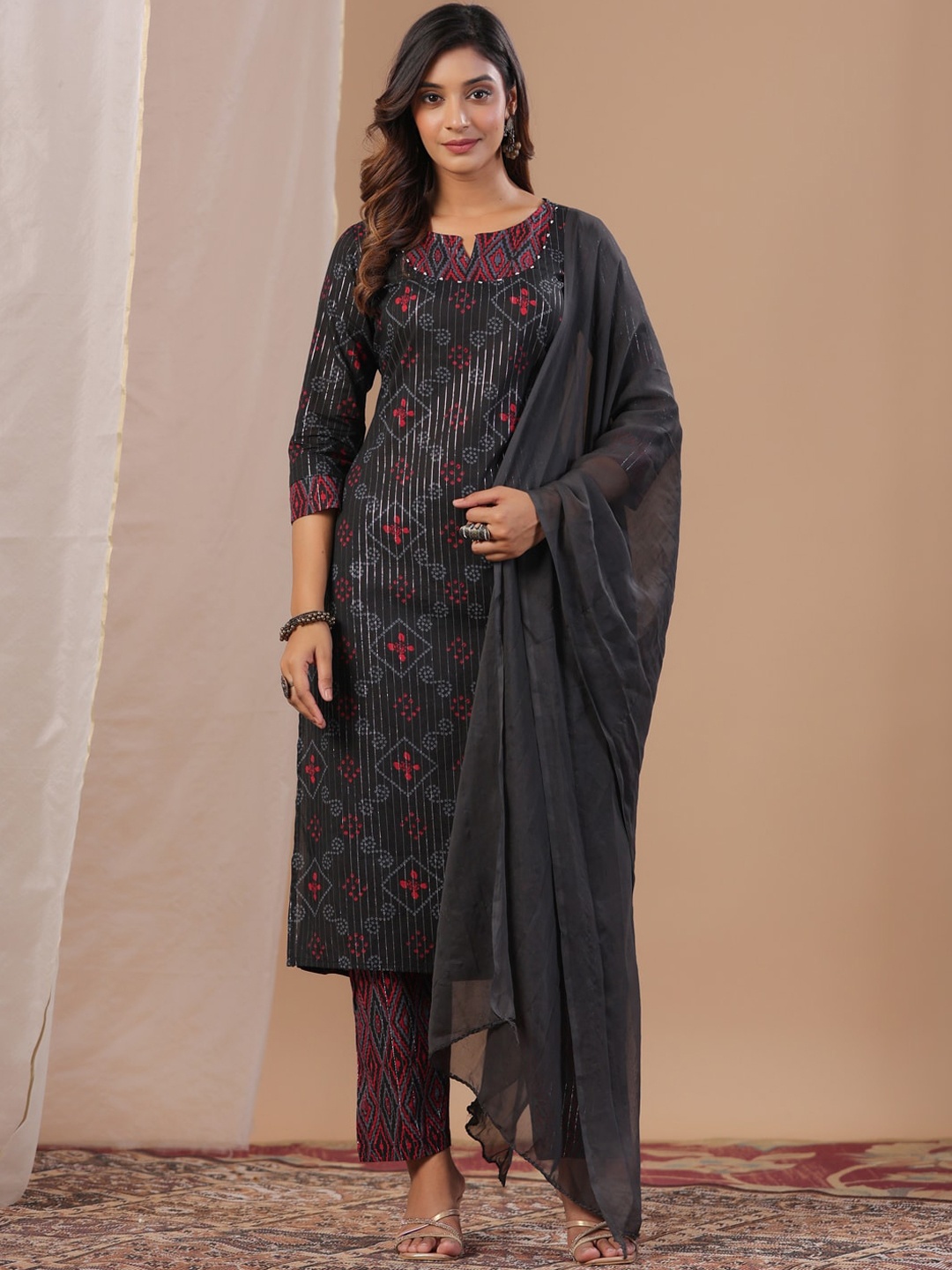 

RangDeep Ethnic Motifs Printed Beads and Stones Pure Cotton Kurta With Trousers & Dupatta, Black