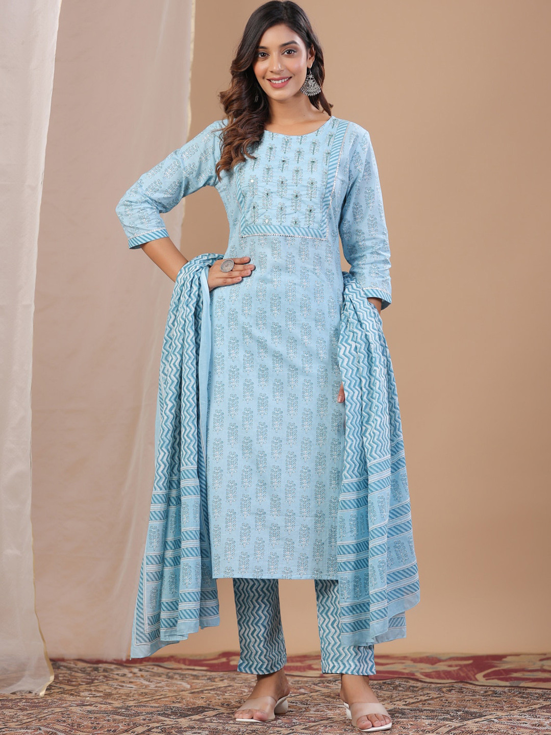 

RangDeep Ethnic Motifs Printed Mirror Work Pure Cotton Straight Kurta with Trousers & With, Turquoise blue