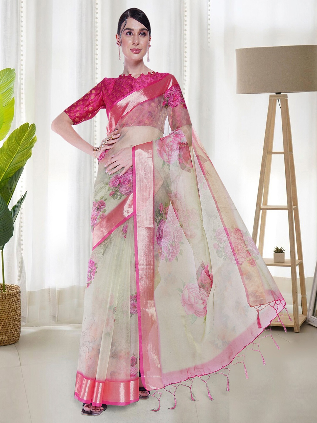

Mitera Green & Pink Floral Printed Zari Organza Saree