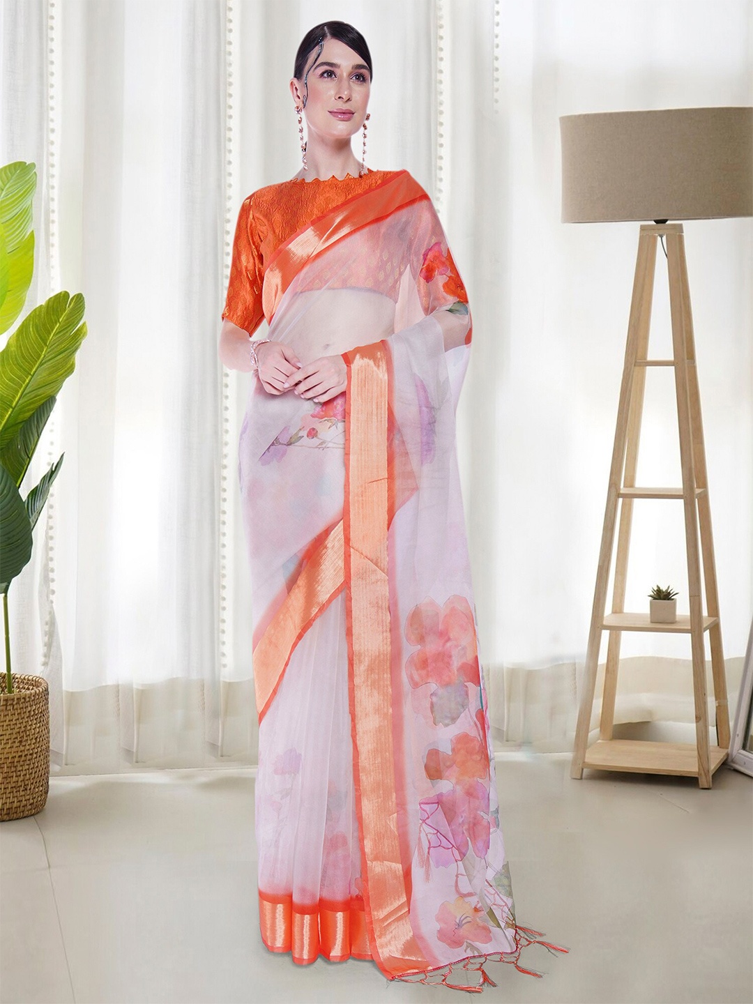 

Mitera White & Orange Floral Printed Zari Organza Saree