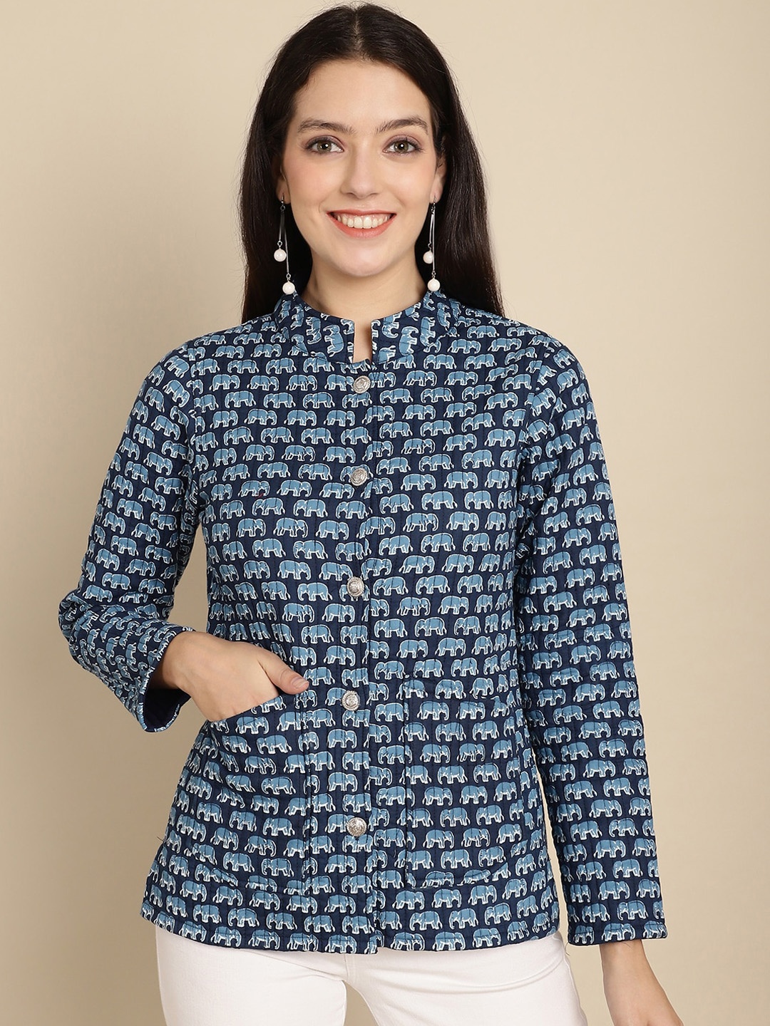 

KALINI Conversational Printed Mandarin Collar Lightweight Cotton Tailored Jacket, Navy blue
