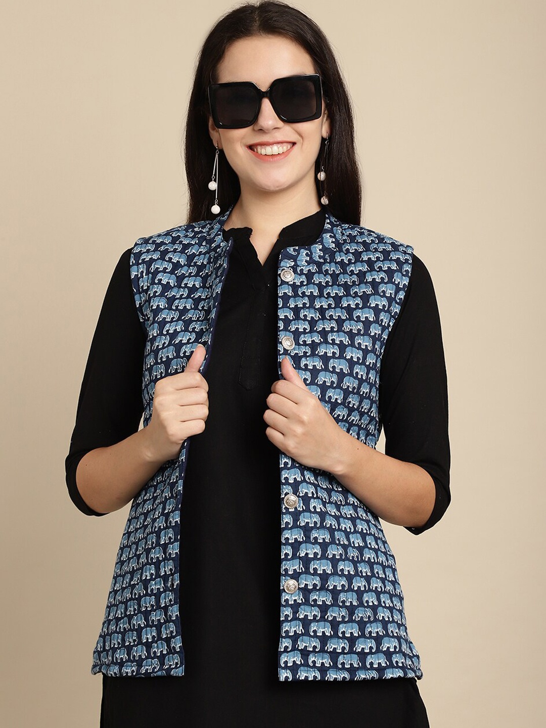 

KALINI Mandarin Collar Conversational Printed Lightweight Cotton Tailored Jacket, Navy blue