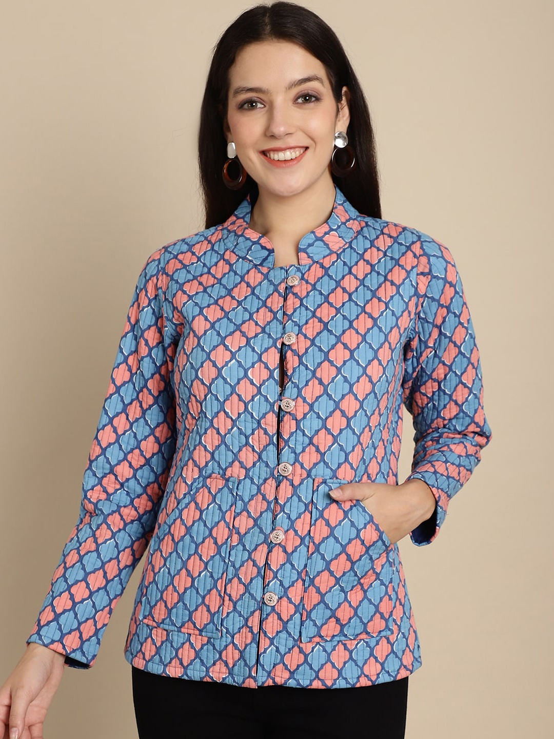 

KALINI Geometric Printed Mandarin Collar Lightweight Cotton Open Front Jacket, Blue