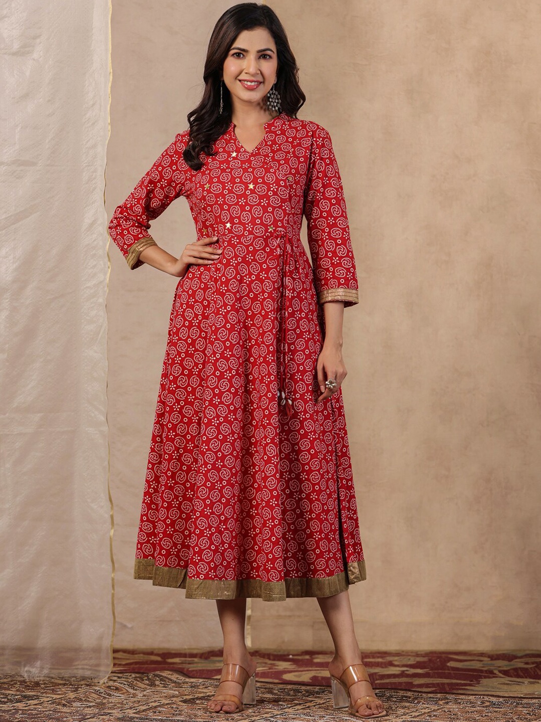 

RangDeep Floral Printed Mandarin Collar Cotton Ethnic Dress, Maroon