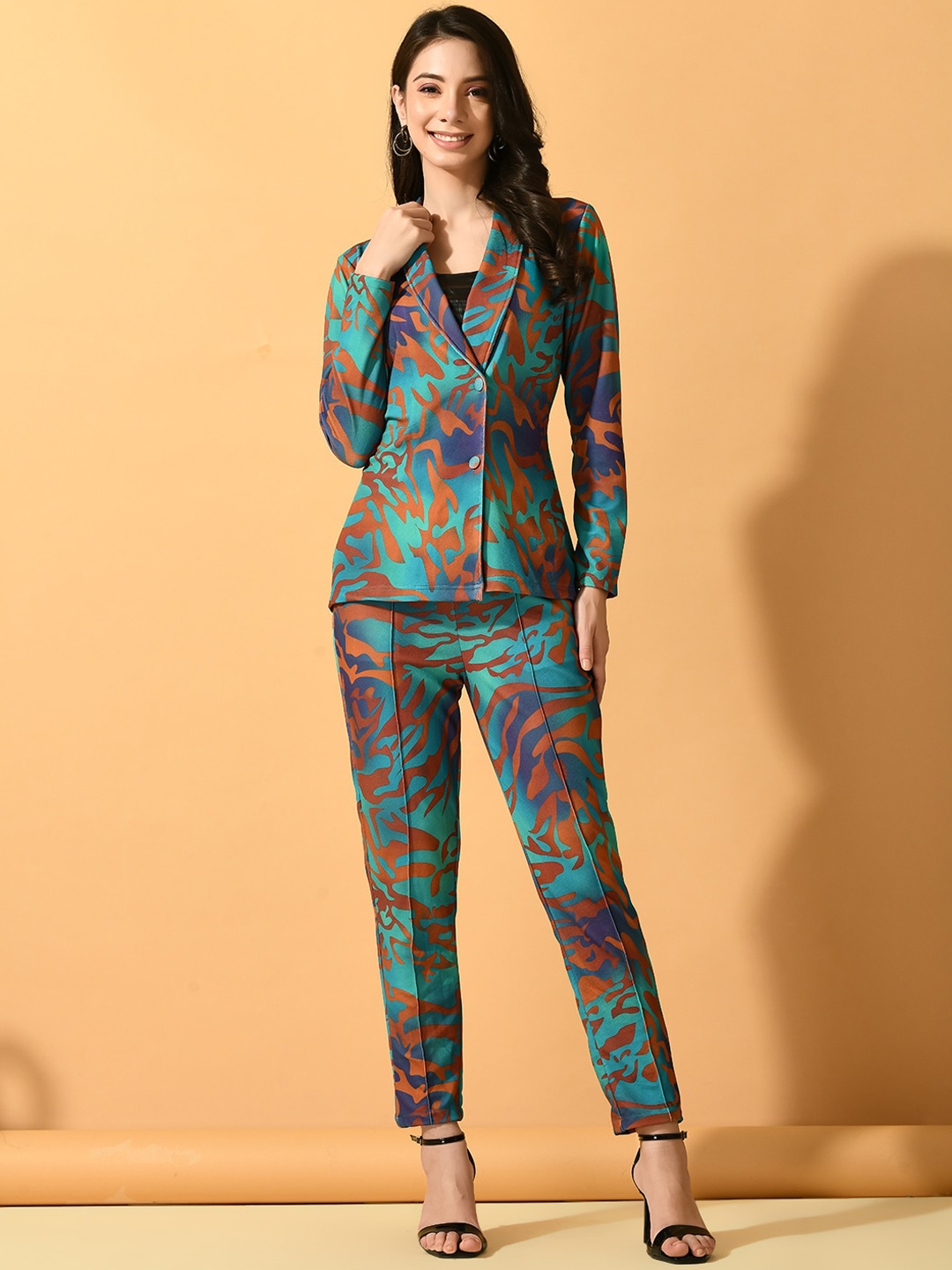 

Myshka Printed Shawl Collar Single Breasted Blazer, Green