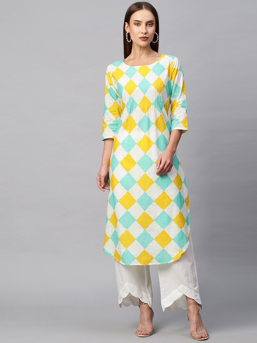 

KALINI Geometric Printed Pure Cotton Kurta With Palazzo, Turquoise blue