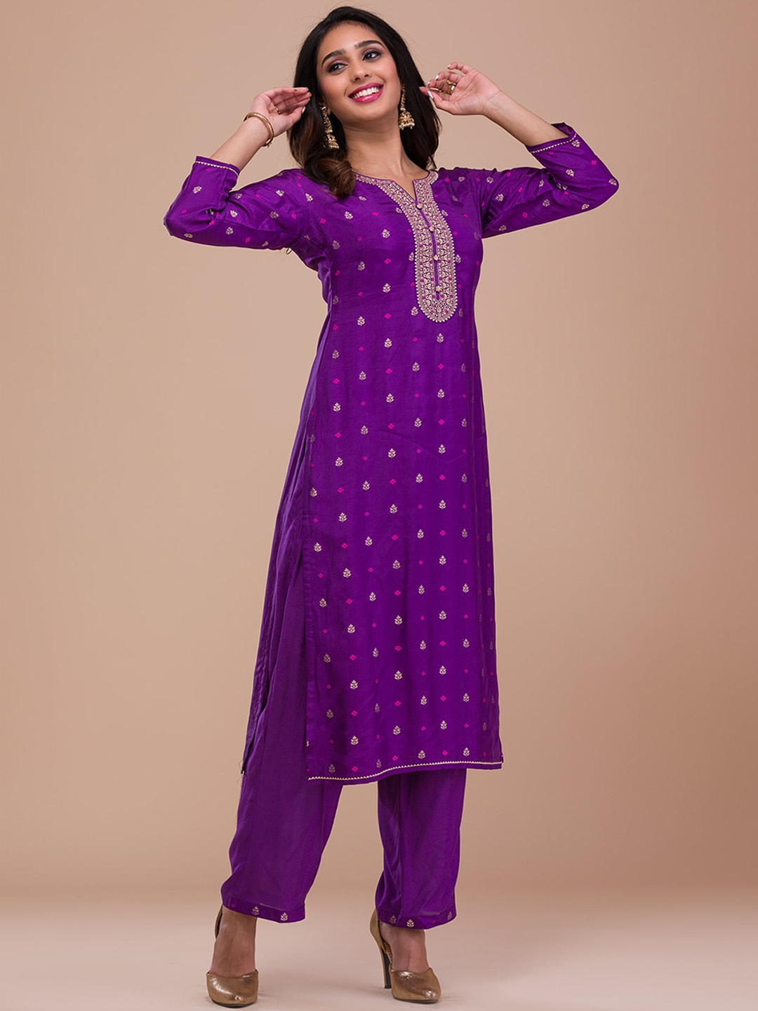 

Koskii Floral Woven Design Regular Zari Kurta With Trousers & Dupatta, Purple