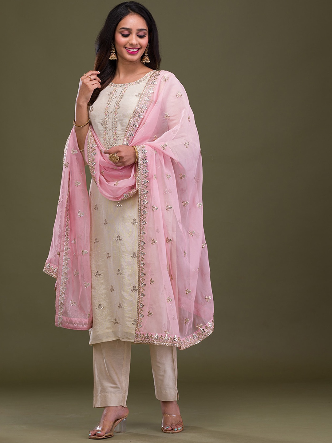 

Koskii Floral Embroidered Regular Sequinned Kurta With Trousers & Dupatta, Beige
