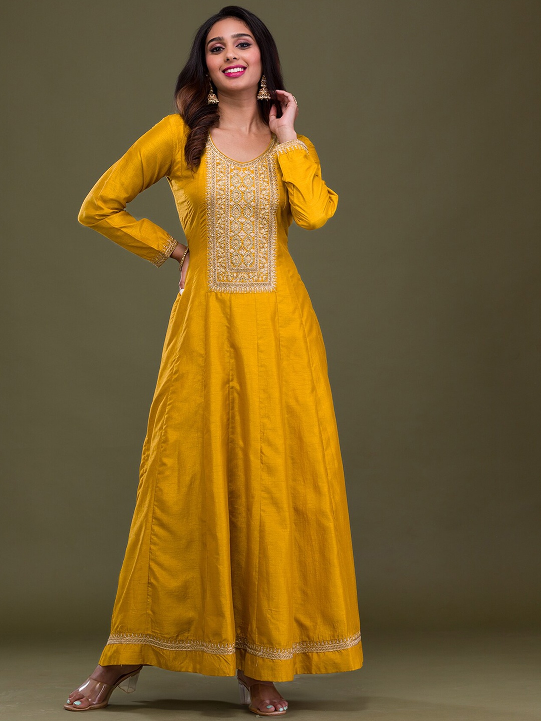 

Koskii Ethnic Motifs Yoke Design Paneled Maxi Kurta with Trousers & Dupatta, Mustard