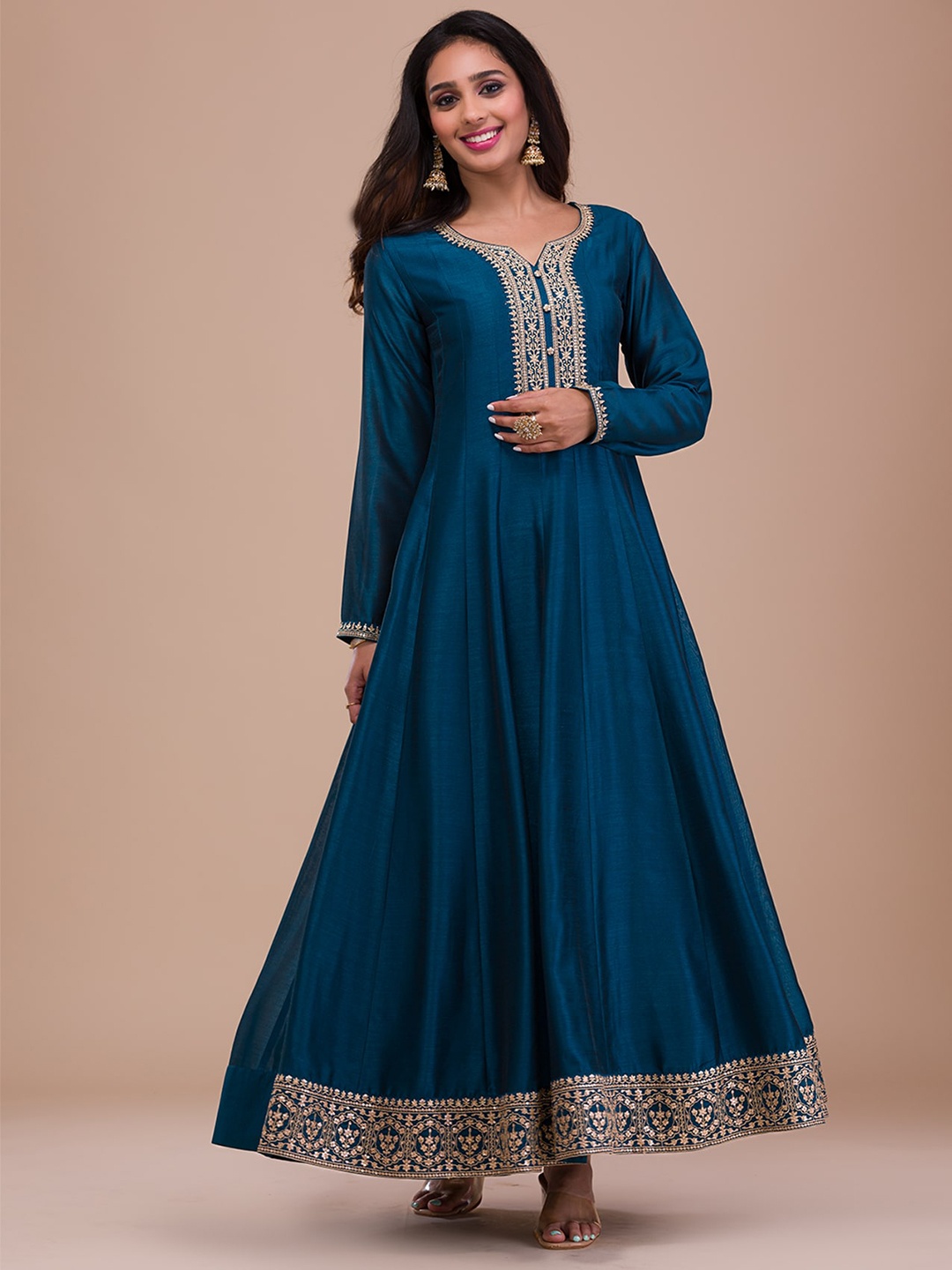 

Koskii Floral Yoke Design Thread Work Anarkali Kurta With Trousers & Dupatta, Blue