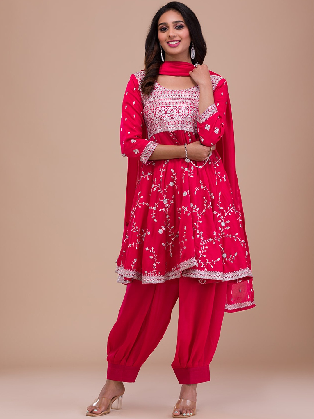 Koskii Floral Embroidered Regular A-Line Kurta With Patiala Dupatta, Pink