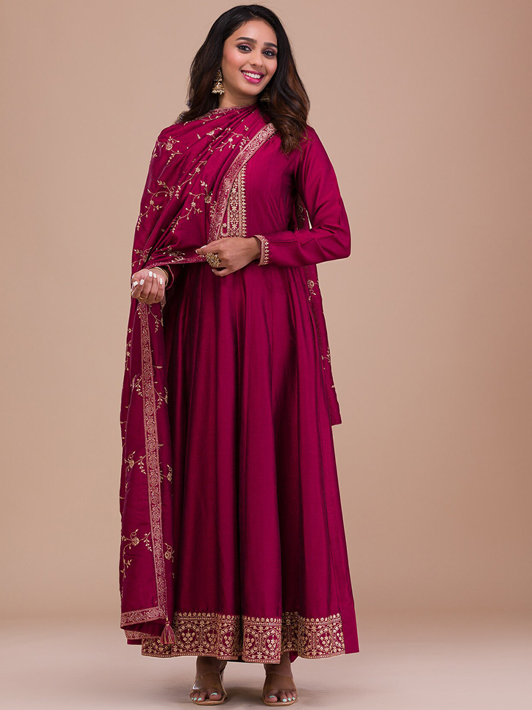 

Koskii Floral Yoke Design Thread Work Anarkali Kurta With Trousers & Dupatta, Maroon