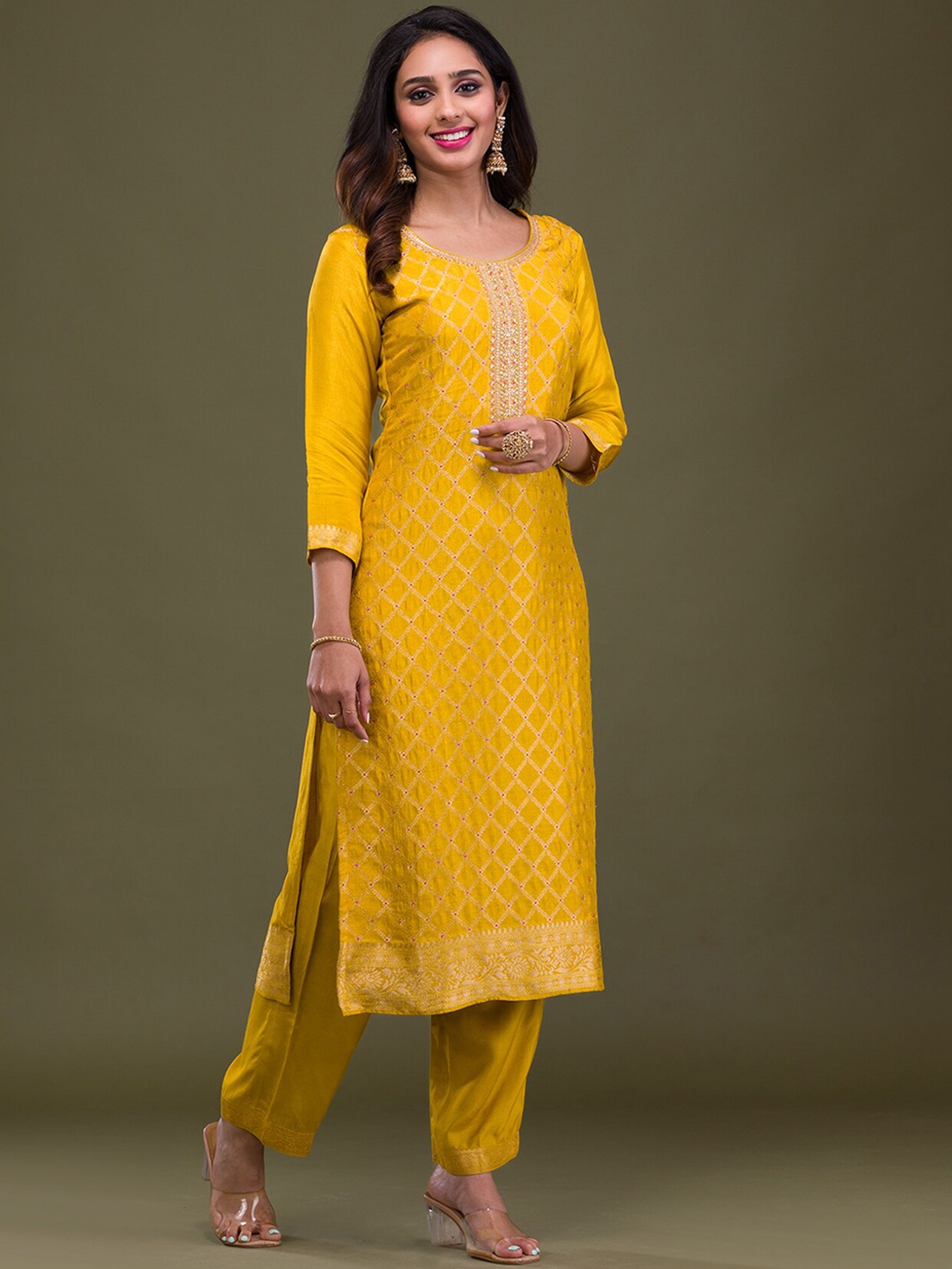 

Koskii Ethnic Motifs Woven Design Straight Kurta with Trousers & Dupatta, Mustard