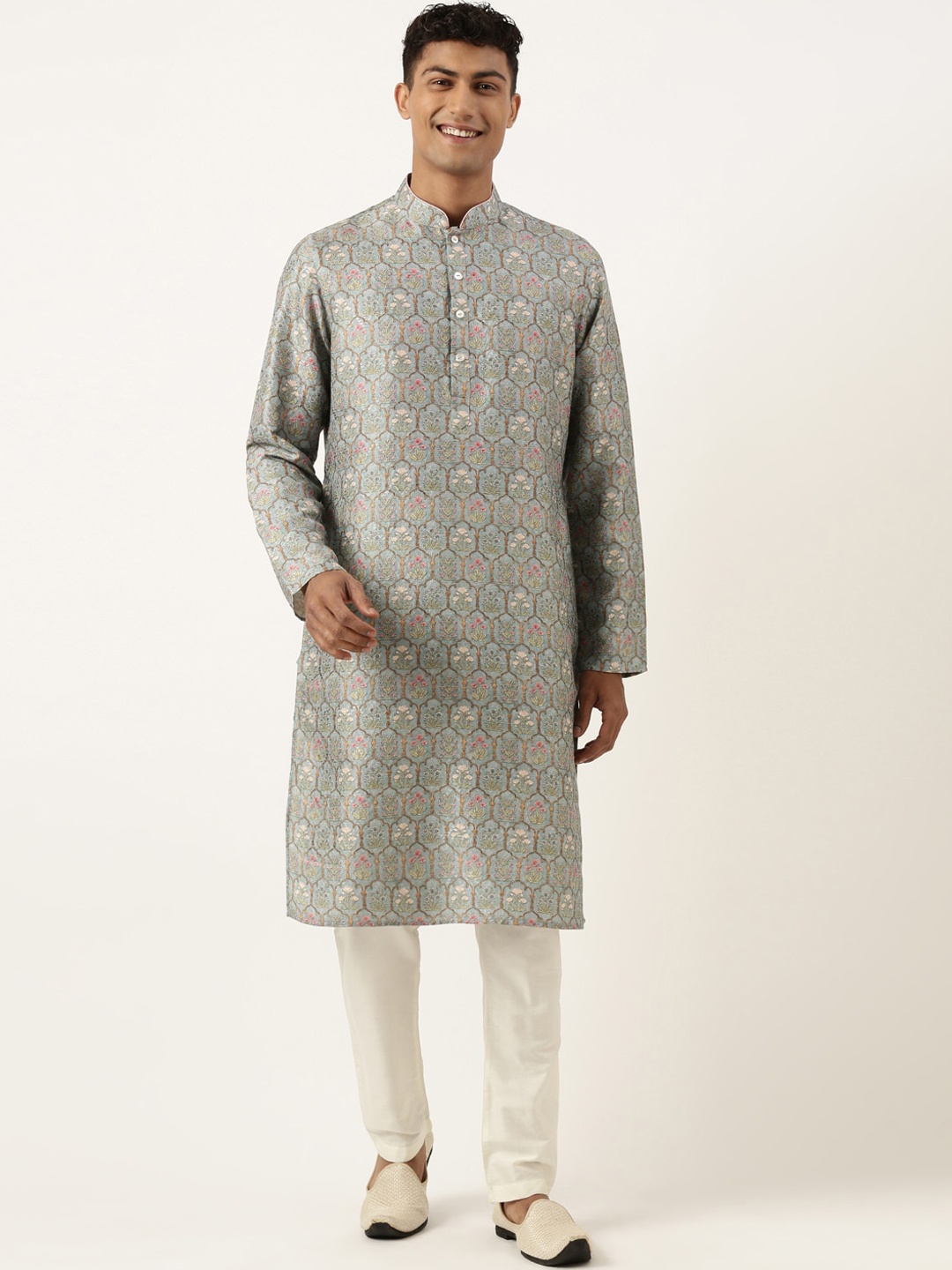 

TheEthnic.Co Woven Design Mandarin Collar Regular Kurta with Pyjamas, Teal