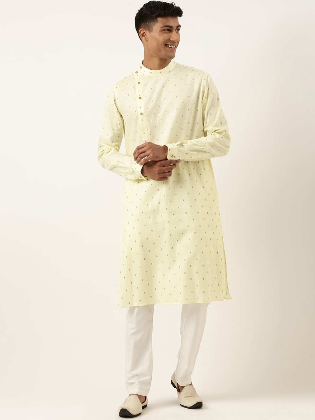 

TheEthnic.Co Woven Design Band Collar Angrakha Pure Cotton Kurta with Pyjamas, Yellow