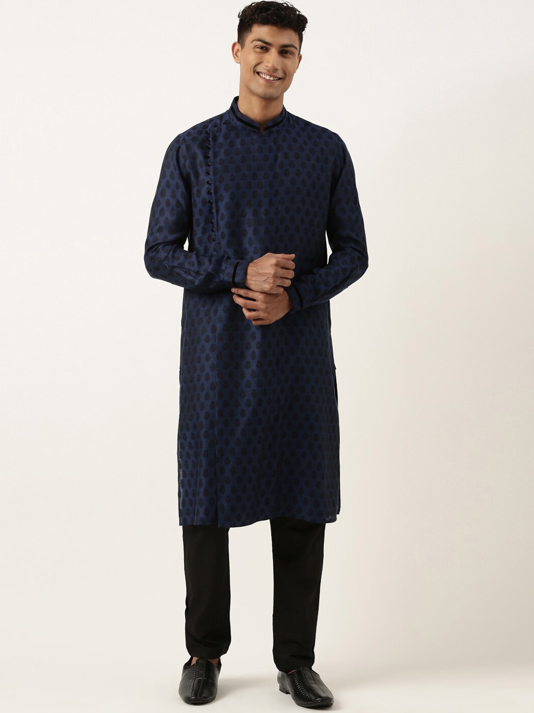 

TheEthnic.Co Ethnic Motifs Woven Design Chanderi Silk Angrakha Kurta & Pyjamas, Blue