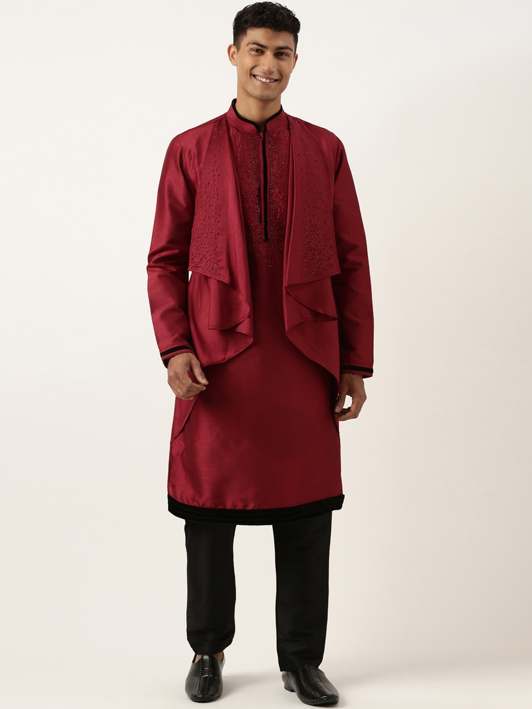 

TheEthnic.Co Men Embellished Layered Regular Kurta with Pyjamas, Maroon