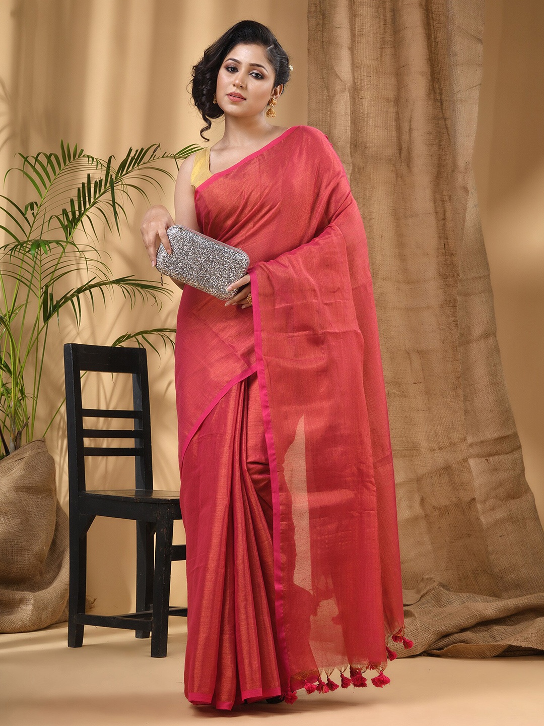 

DESH BIDESH Tasseled Taant Saree, Red