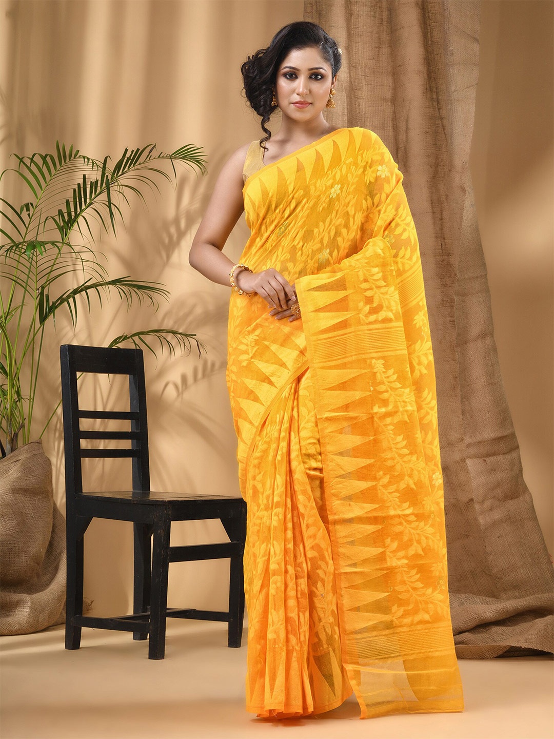 

DESH BIDESH Floral Woven Design Pure Cotton Taant Saree, Yellow