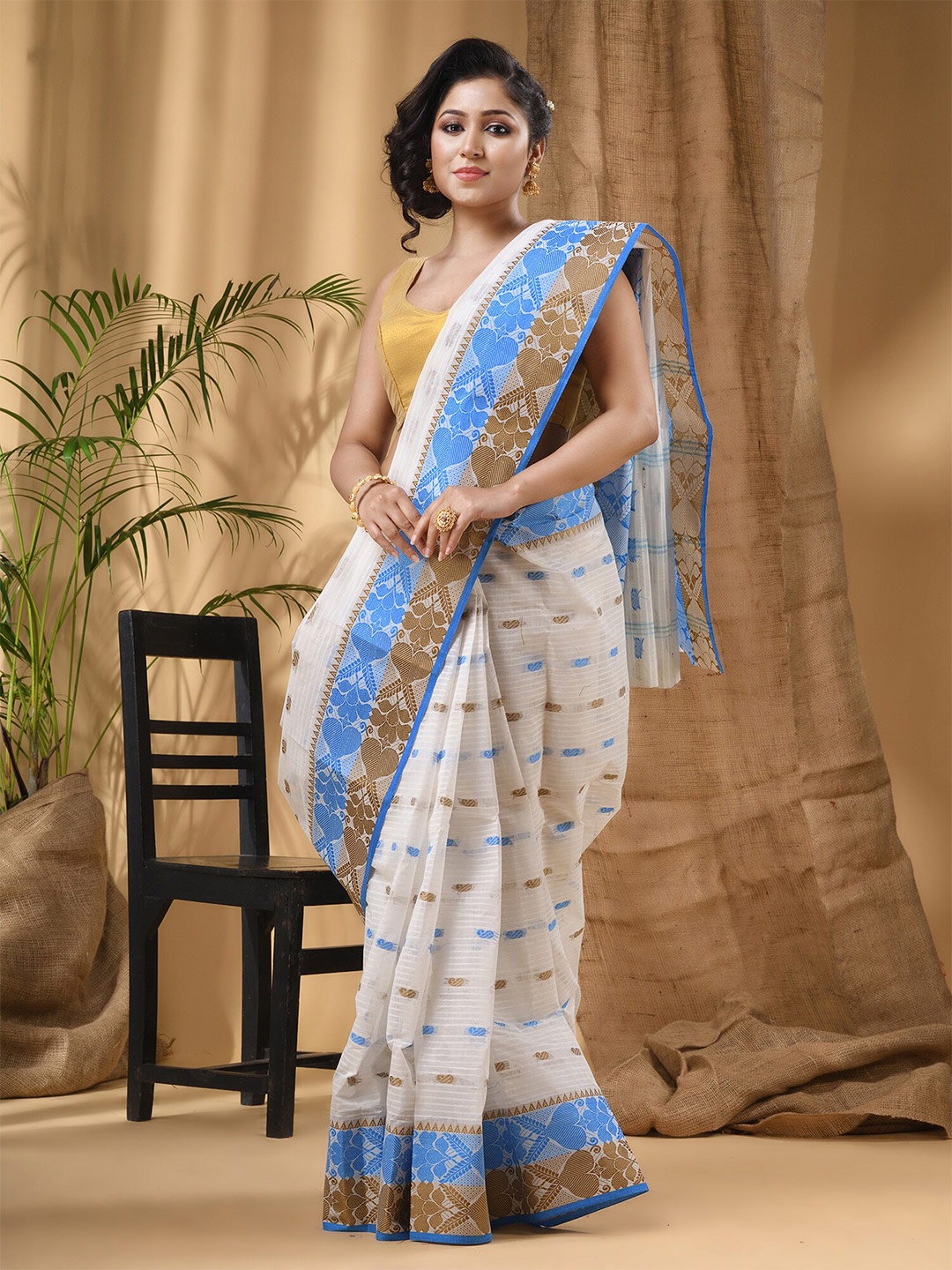 

DESH BIDESH Ethnic Motifs Woven Design Pure Cotton Taant Saree, Blue