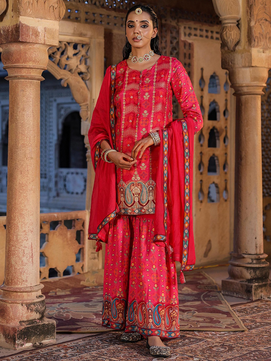 

SCAKHI Pure Silk Kurta with Sharara & Dupatta, Pink