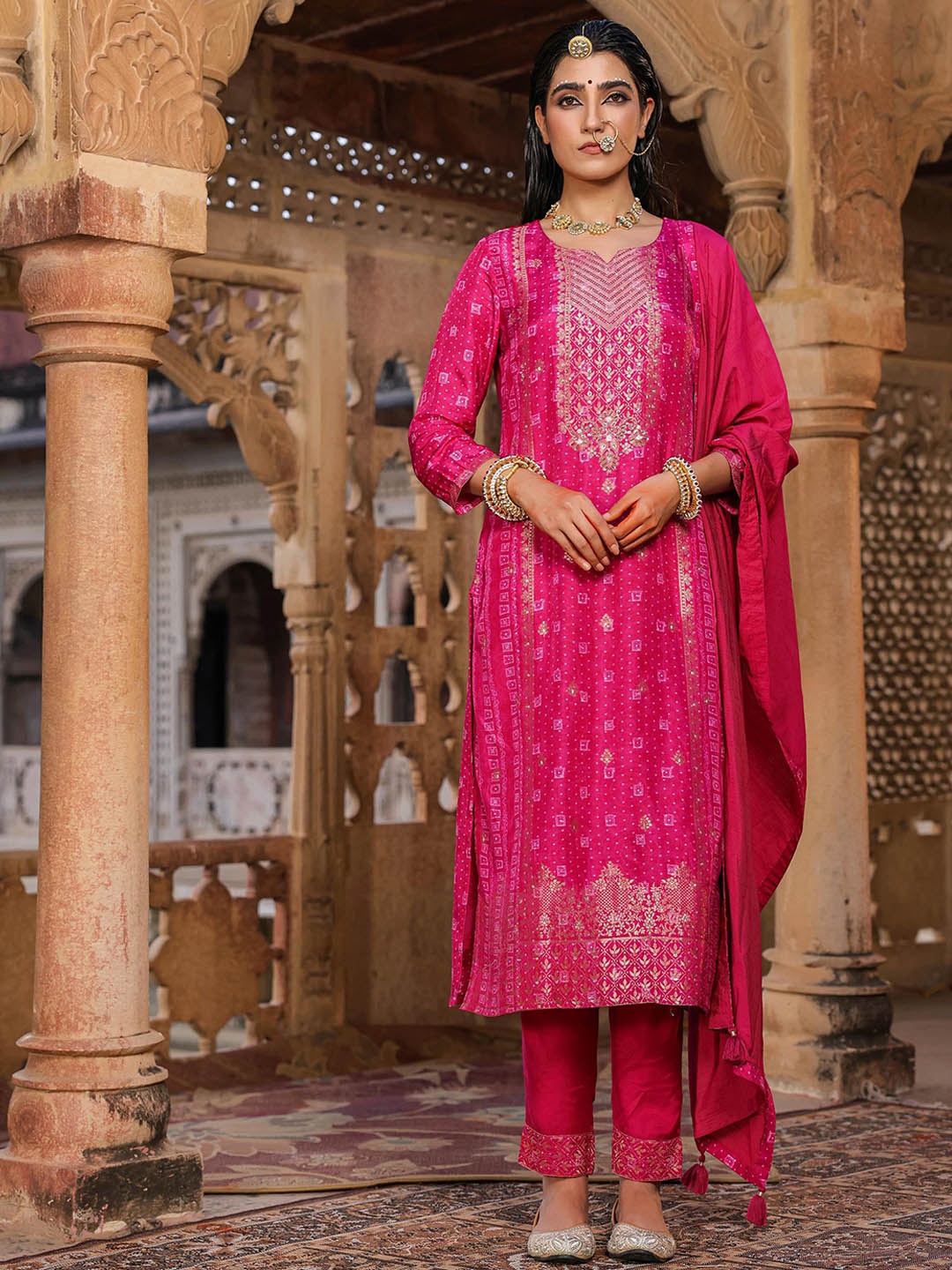 

SCAKHI Beads and Stones Pure Silk Kurta with Trousers & Dupatta, Pink