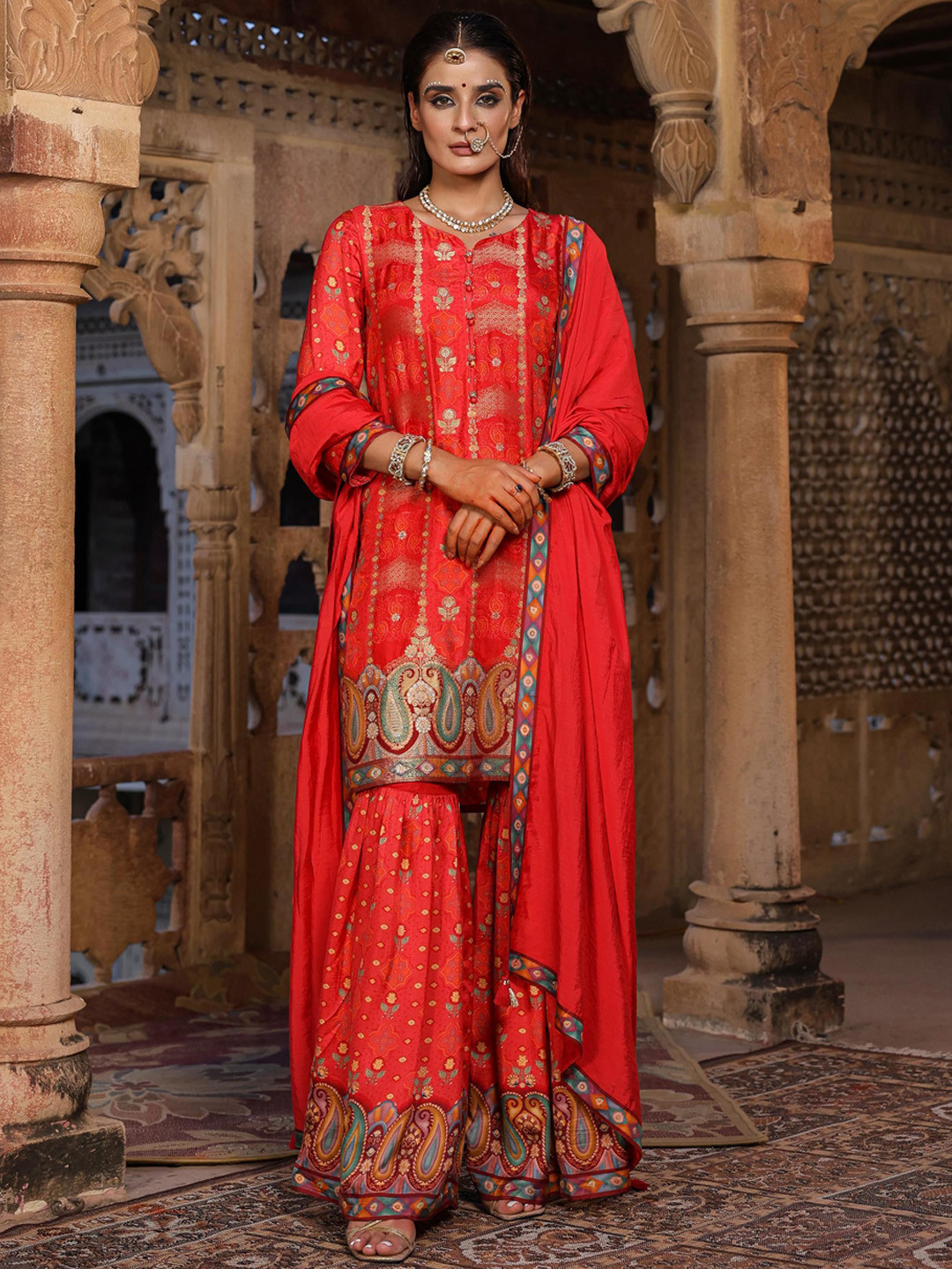 

SCAKHI Pure Silk Kurta with Sharara & With Dupatta, Red