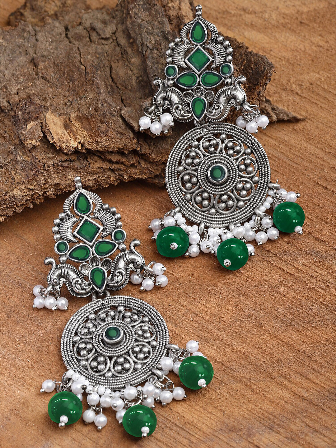 

KARATCART Silver Plated Kundan Studded Oxidised Drop Earrings, Green