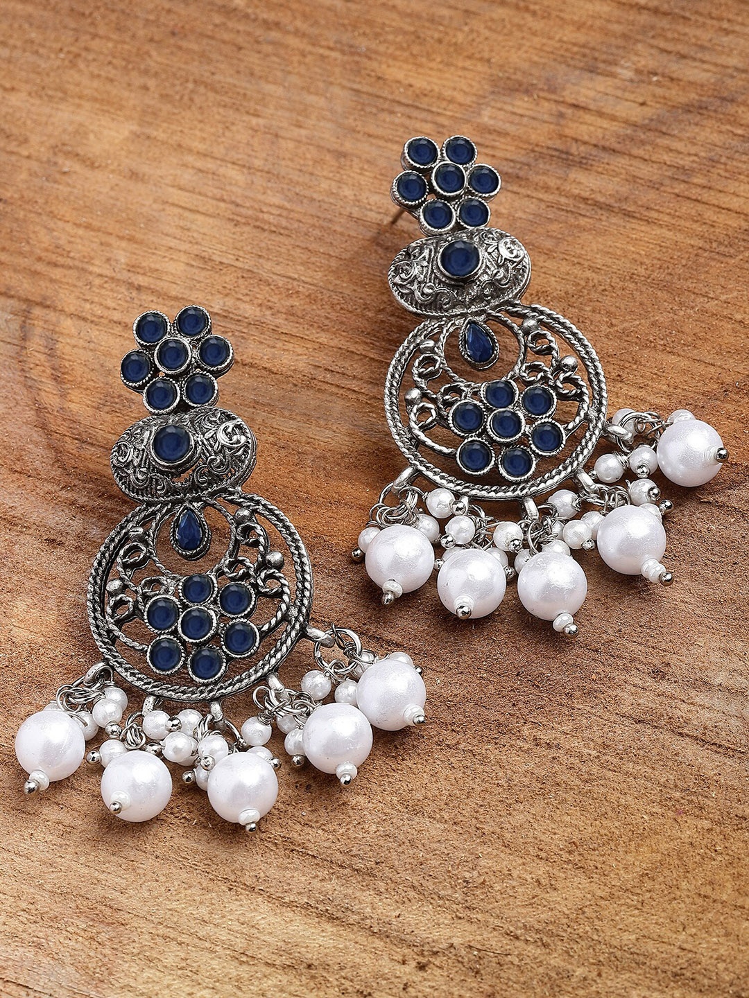 

KARATCART Silver Plated Kundan Stone Studded & Pearls Beaded Drop Earrings