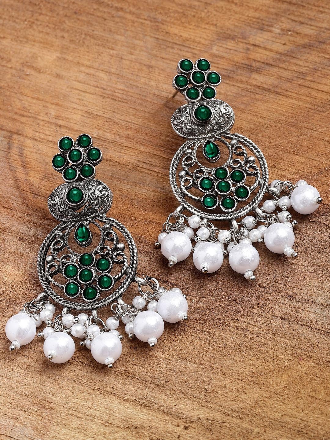 

KARATCART Silver-Plated Contemporary Chandbalis Earrings, Green