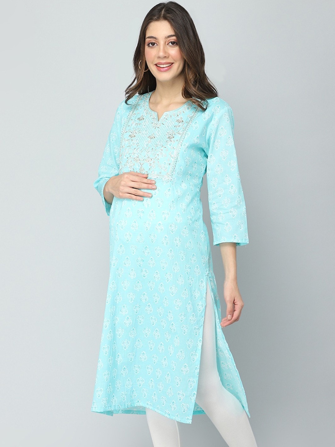 

House Of Zelena Floral Printed Thread Work Cotton Maternity Kurta, Blue