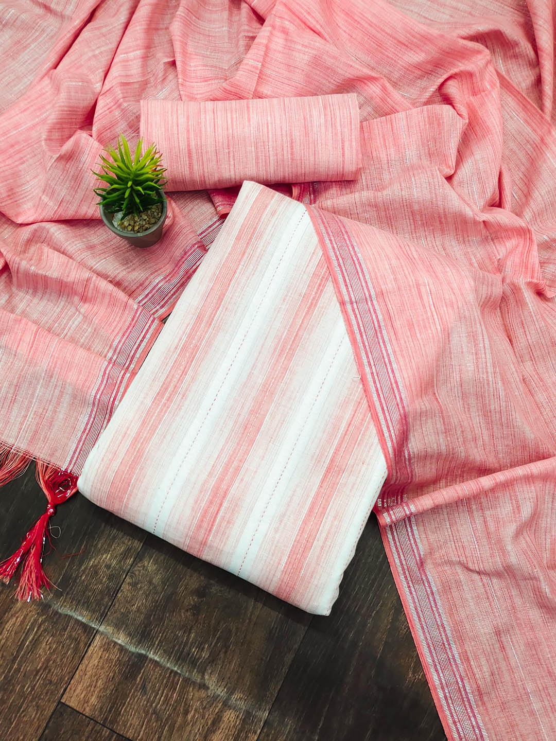 

KALINI Striped Woven Design Unstitched Dress Material, Pink