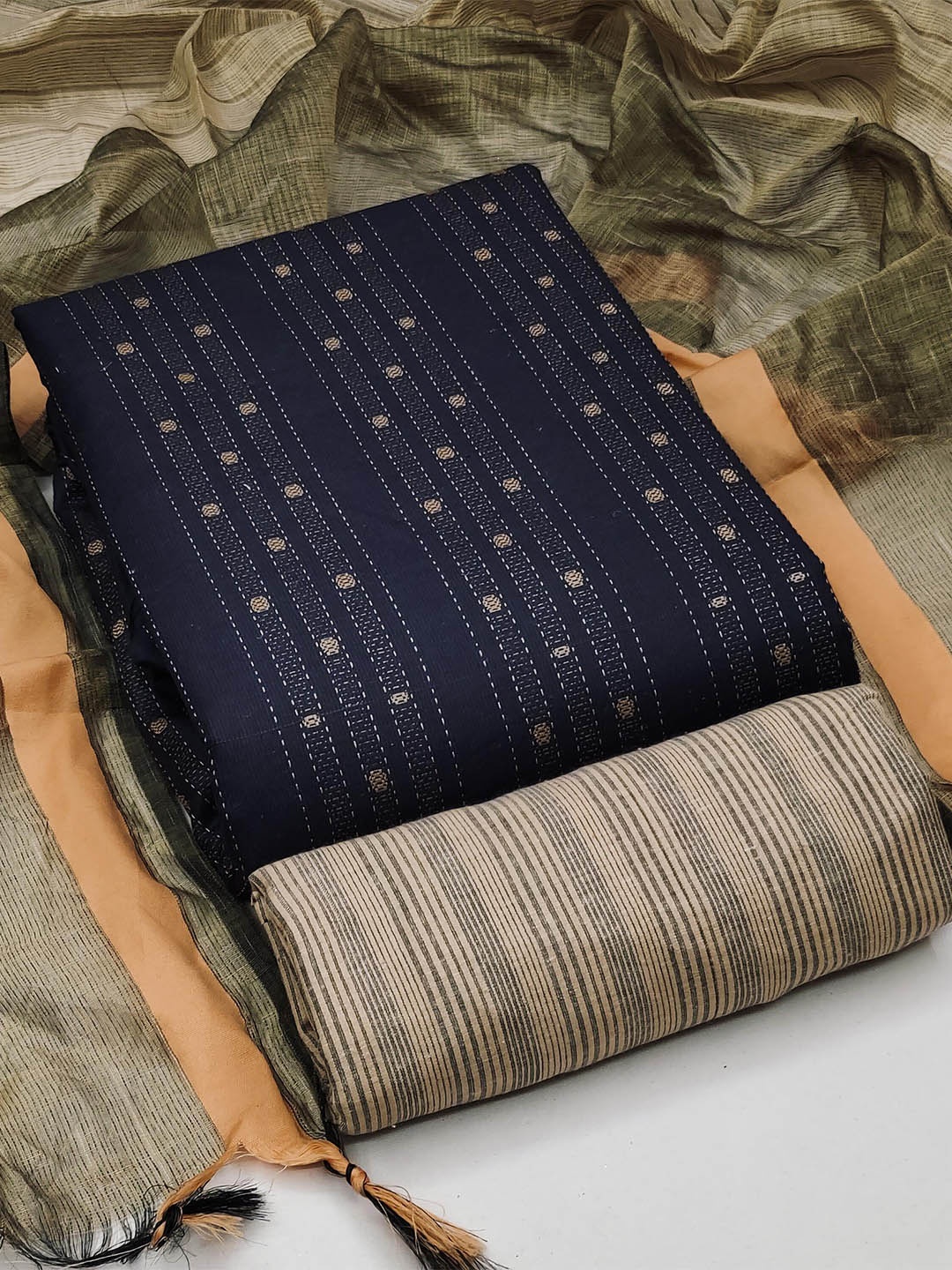 

KALINI Striped Woven Design Unstitched Dress Material, Blue