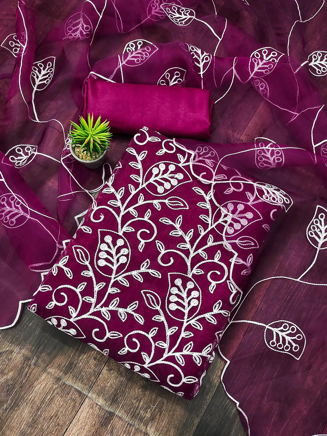 

KALINI Floral Embroidered Unstitched Dress Material, Magenta