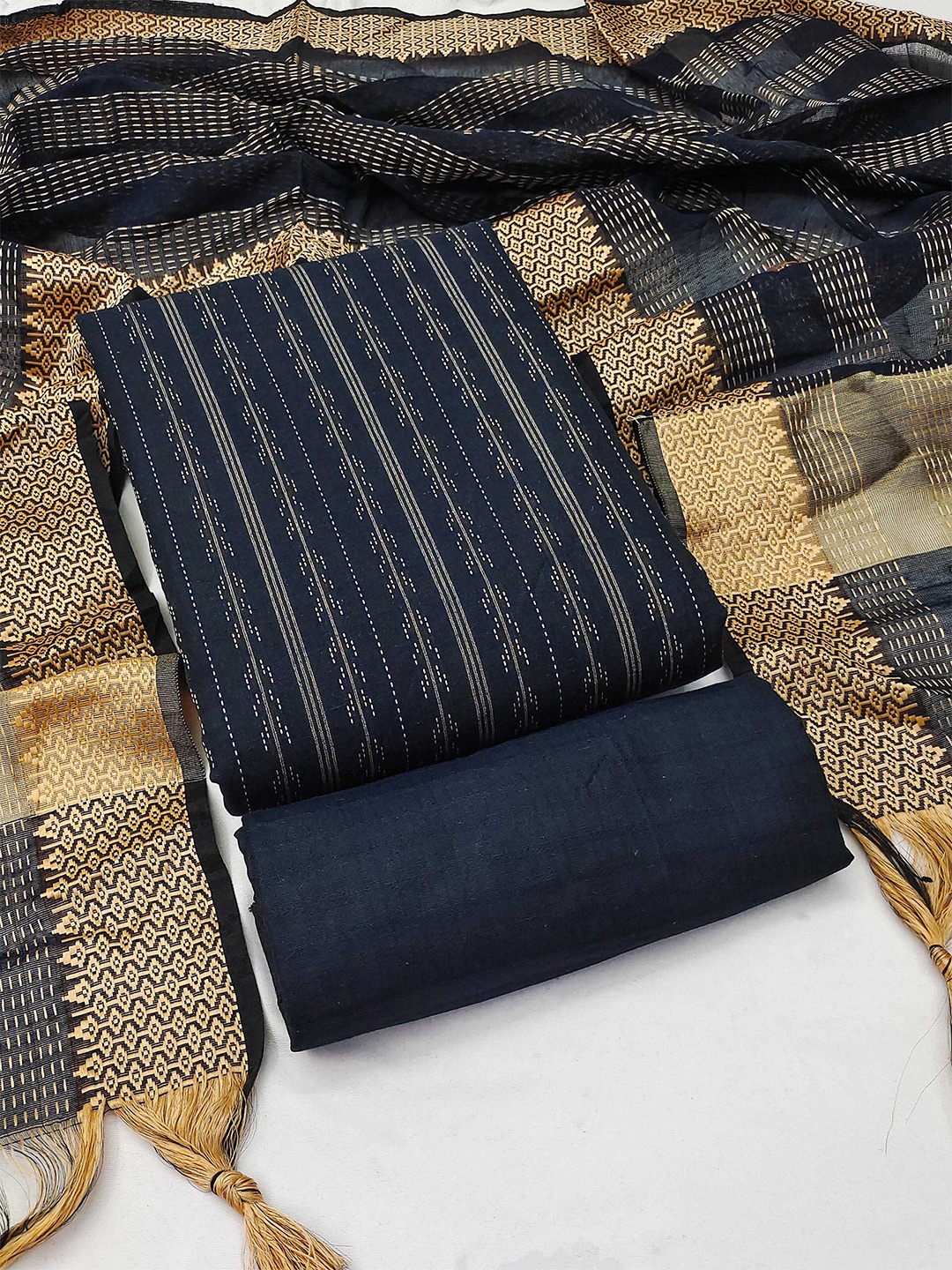 

KALINI Striped Woven Design Unstitched Dress Material, Blue