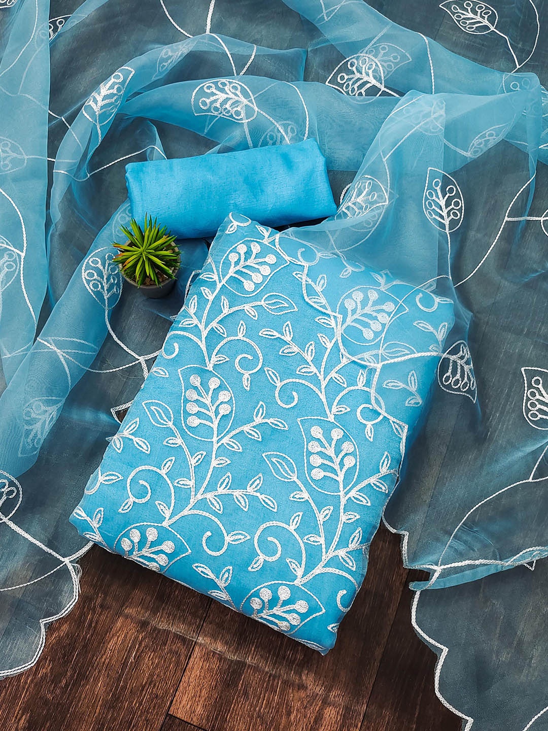 

KALINI Floral Embroidered Unstitched Dress Material, Blue