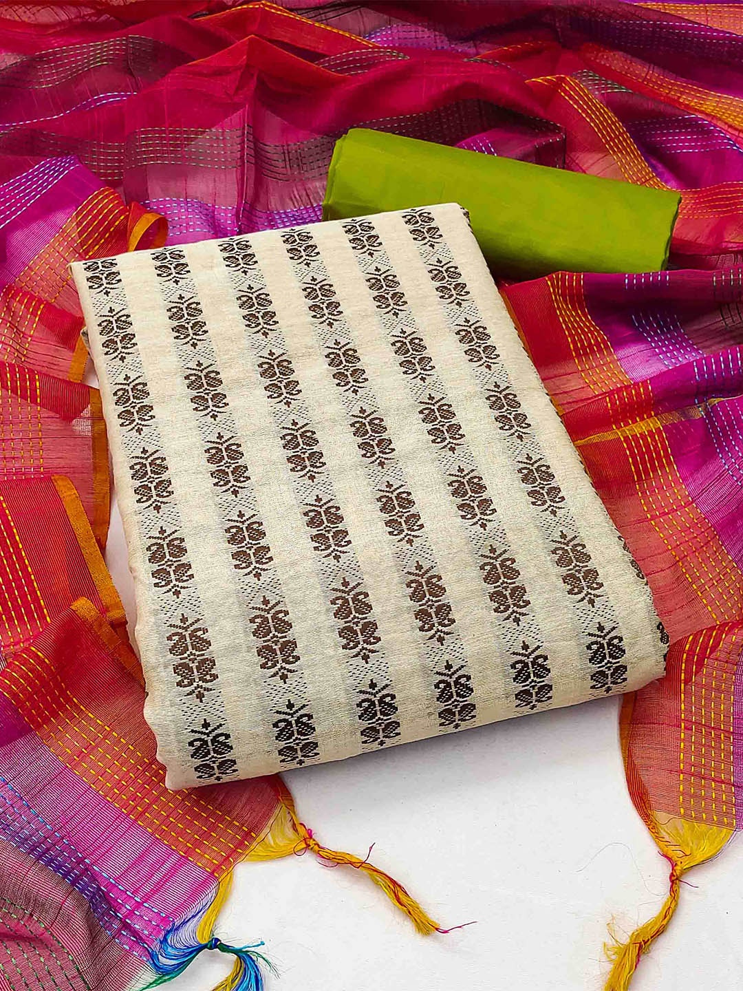 

KALINI Ethnic Motifs Woven Design Jacquard Unstitched Dress Material, Cream