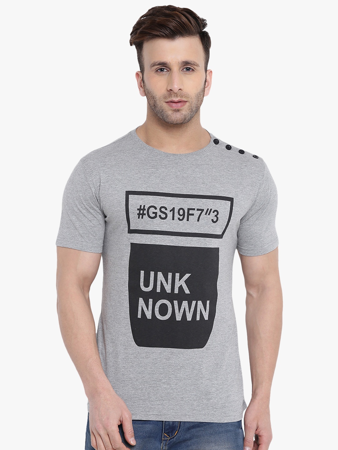 

GRITSTONES Men Grey Melange Printed Round Neck T-shirt