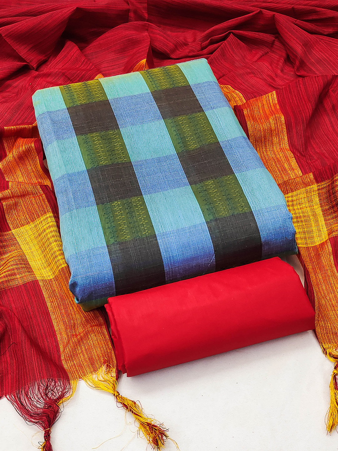 

KALINI Checked Unstitched Dress Material, Blue