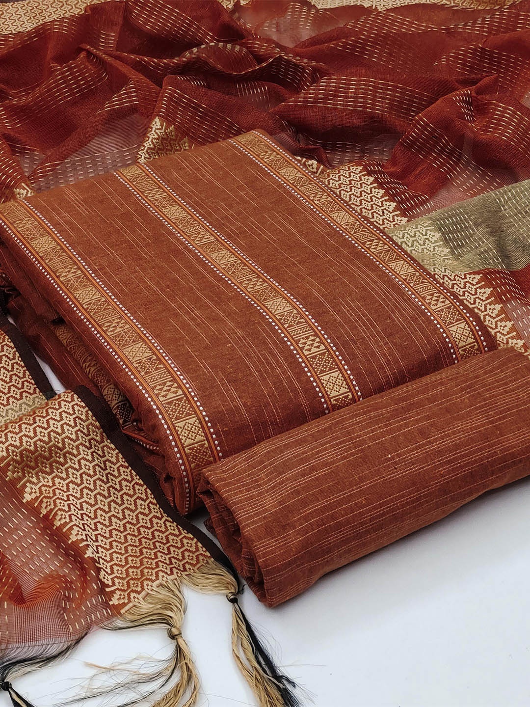 

KALINI Ethnic Motifs Woven Design Zari Unstitched Dress Material, Rust