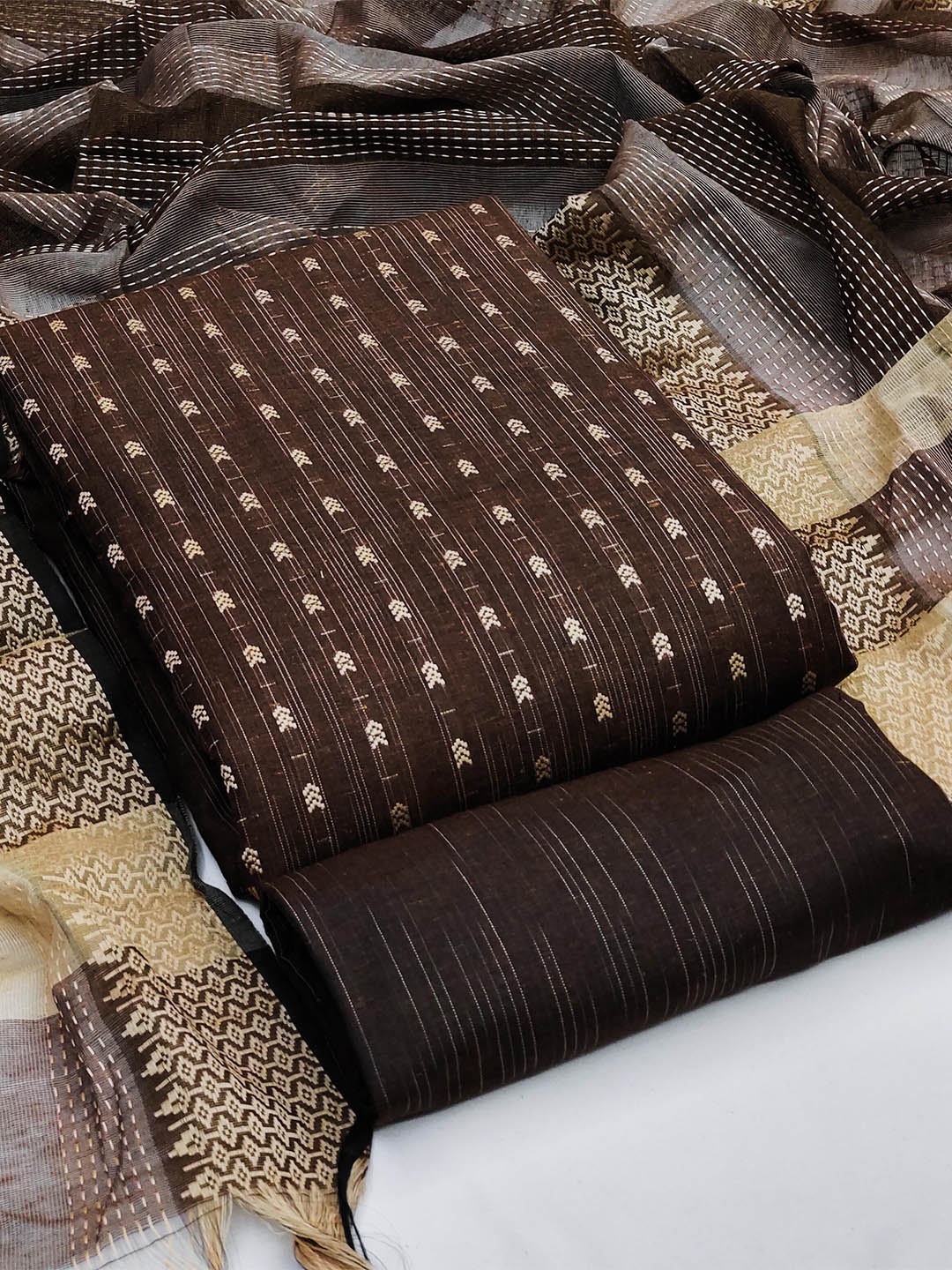 

KALINI Ethnic Motifs Woven Design Zari Unstitched Dress Material, Brown