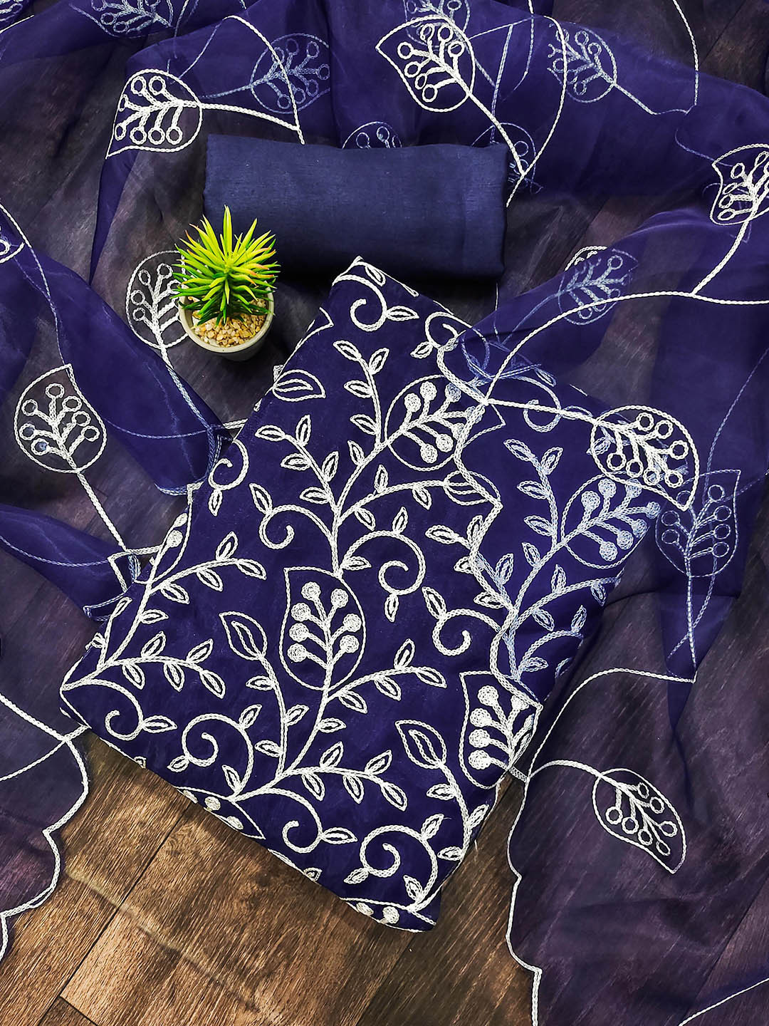

KALINI Floral Embroidered Thread Work Organza Unstitched Dress Material, Blue
