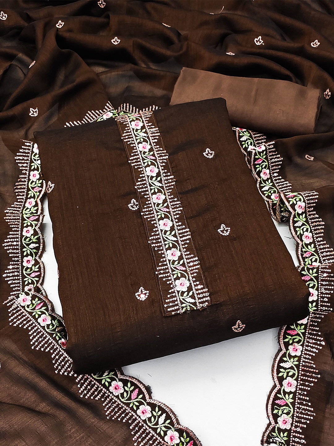 

KALINI Embroidered Unstitched Dress Material, Brown
