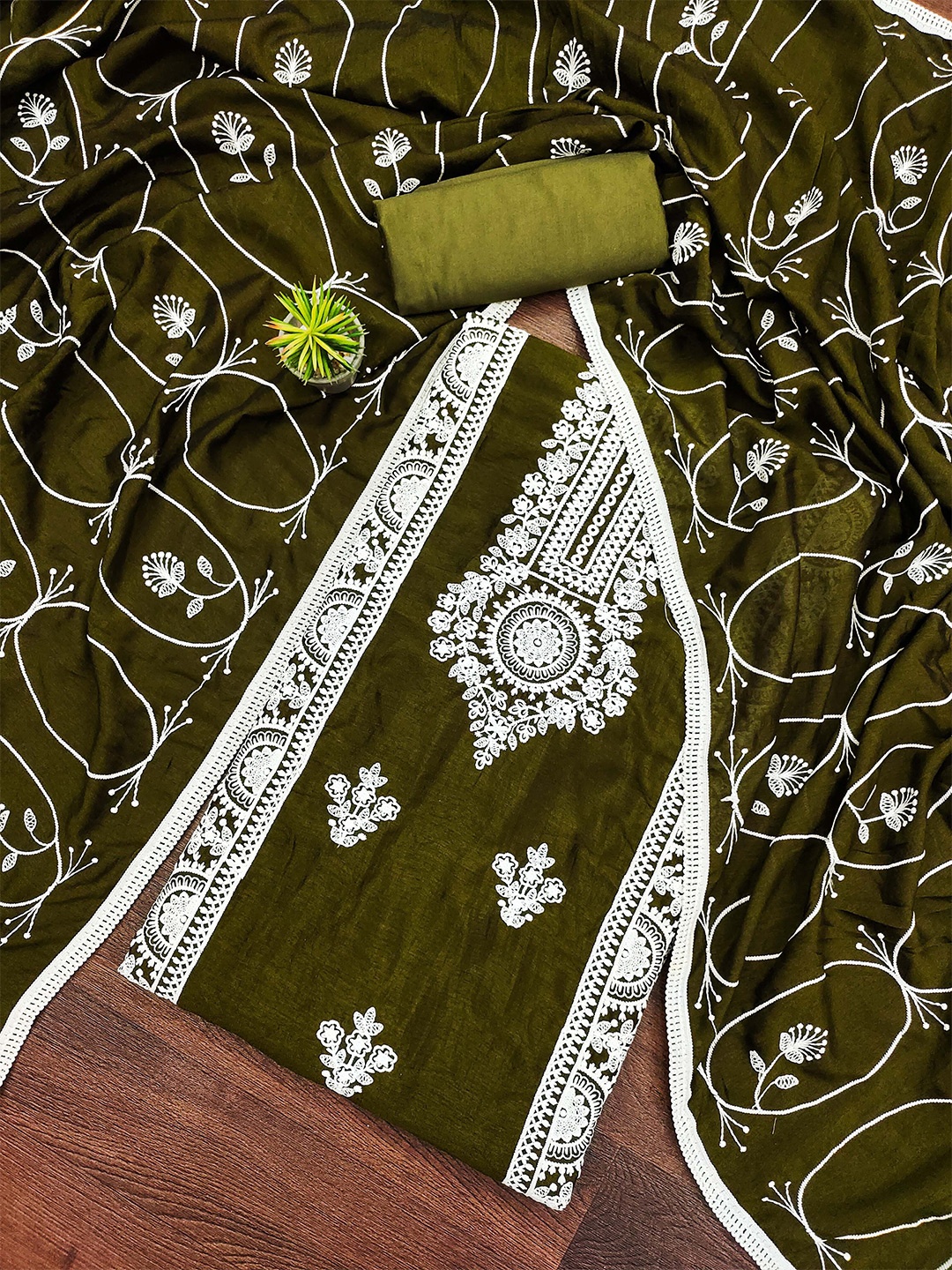 

KALINI Embroidered Unstitched Dress Material, Olive