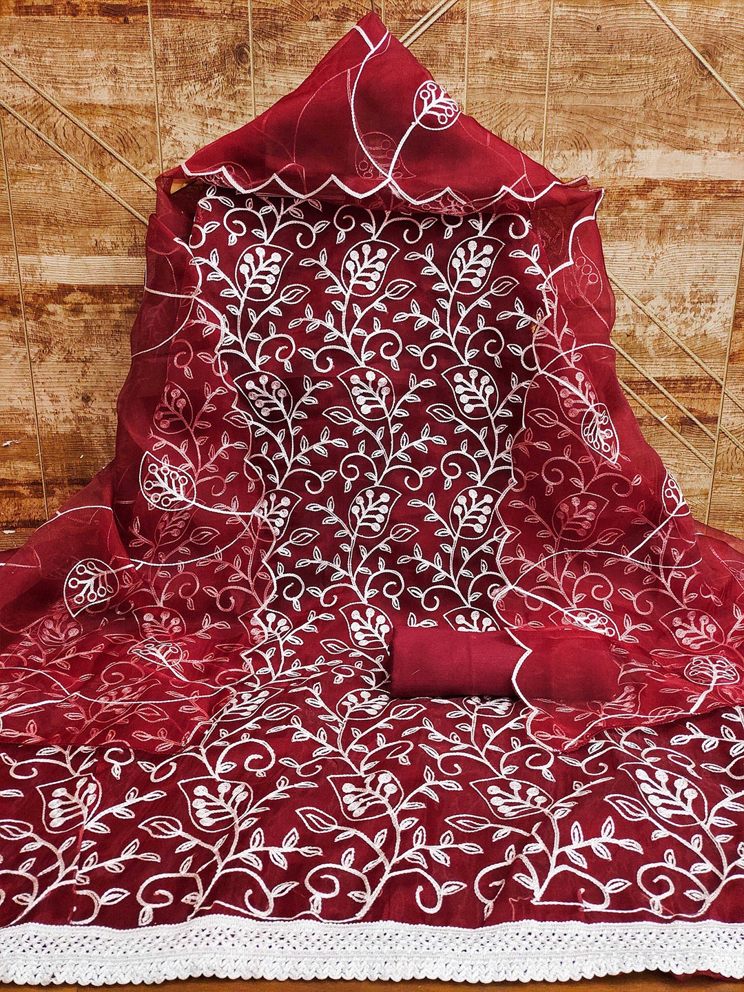 

KALINI Embroidered Organza Unstitched Dress Material, Maroon