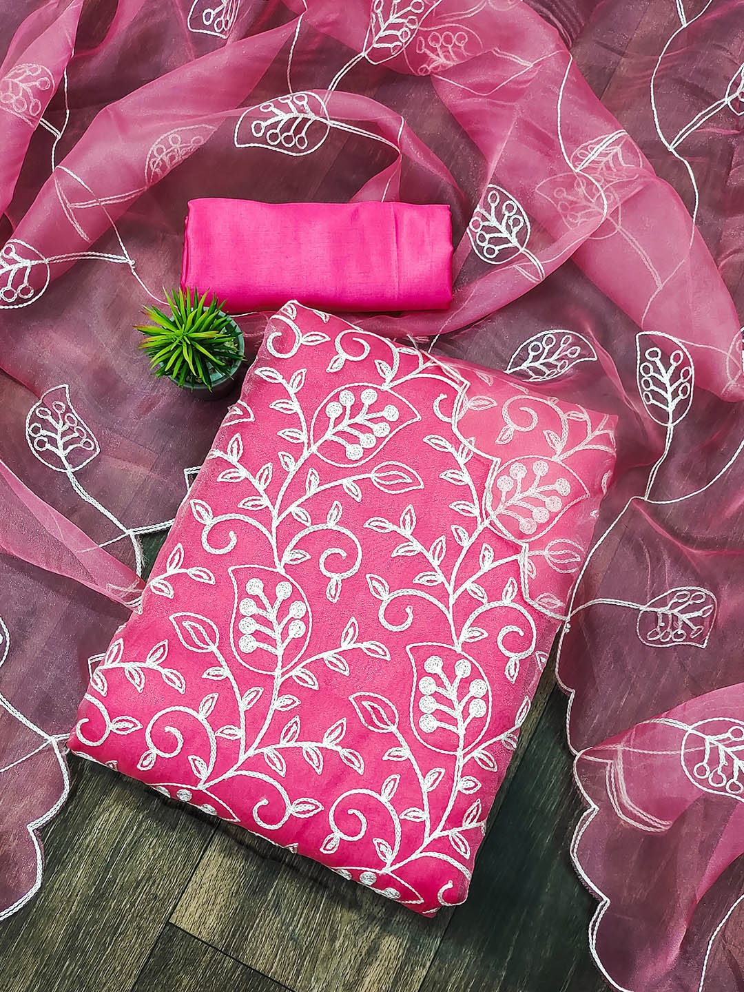 

KALINI Floral Embroidered Unstitched Dress Material, Pink