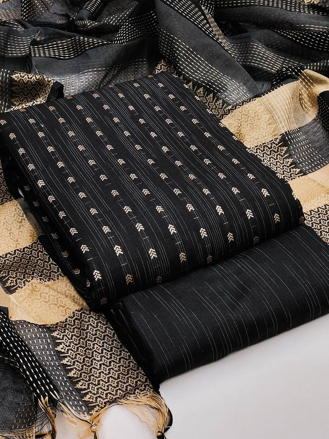

KALINI Ethnic Motifs Woven Design Unstitched Dress Material, Black