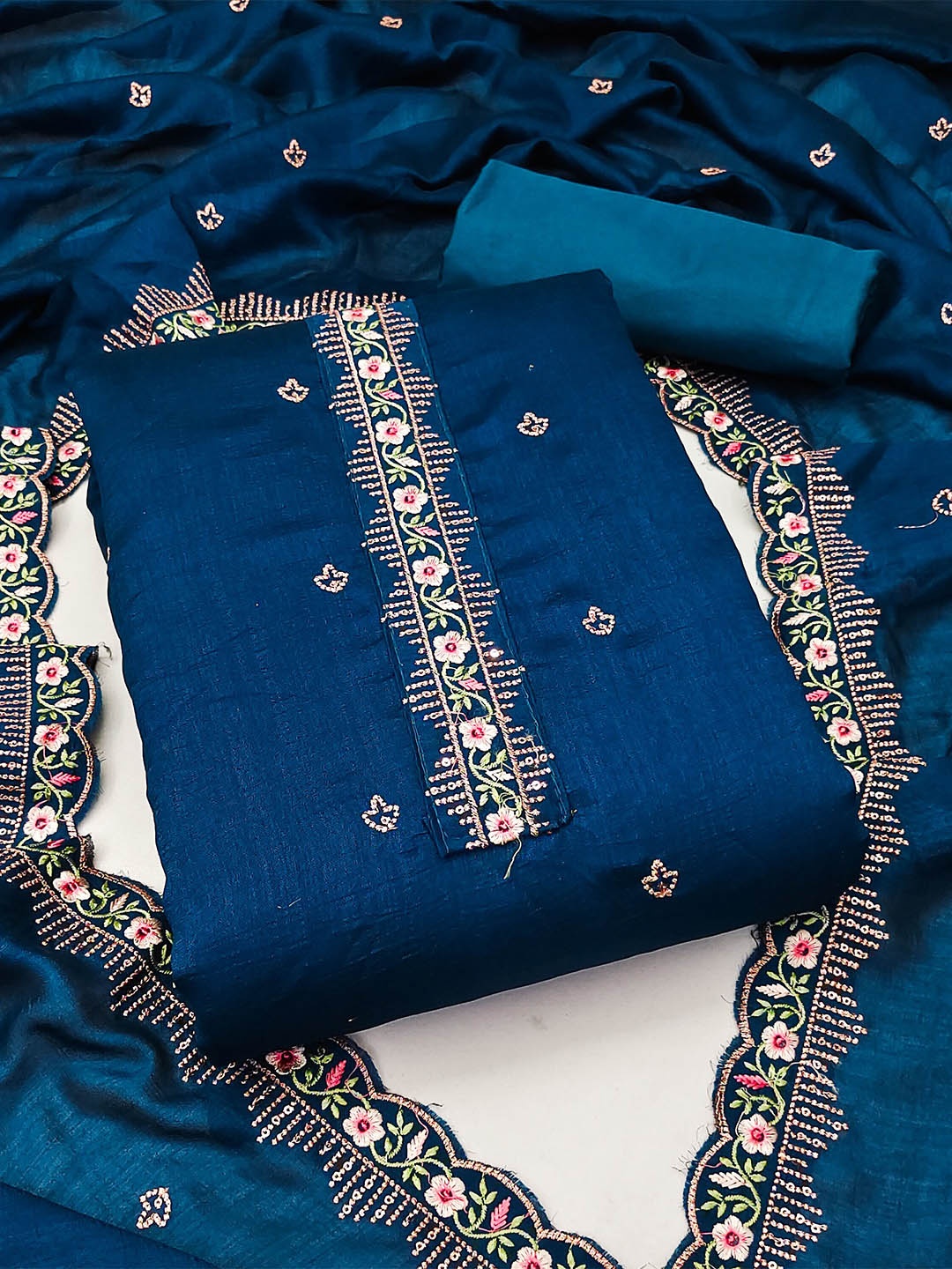 

KALINI Floral Embroidered Zari Unstitched Dress Material, Blue