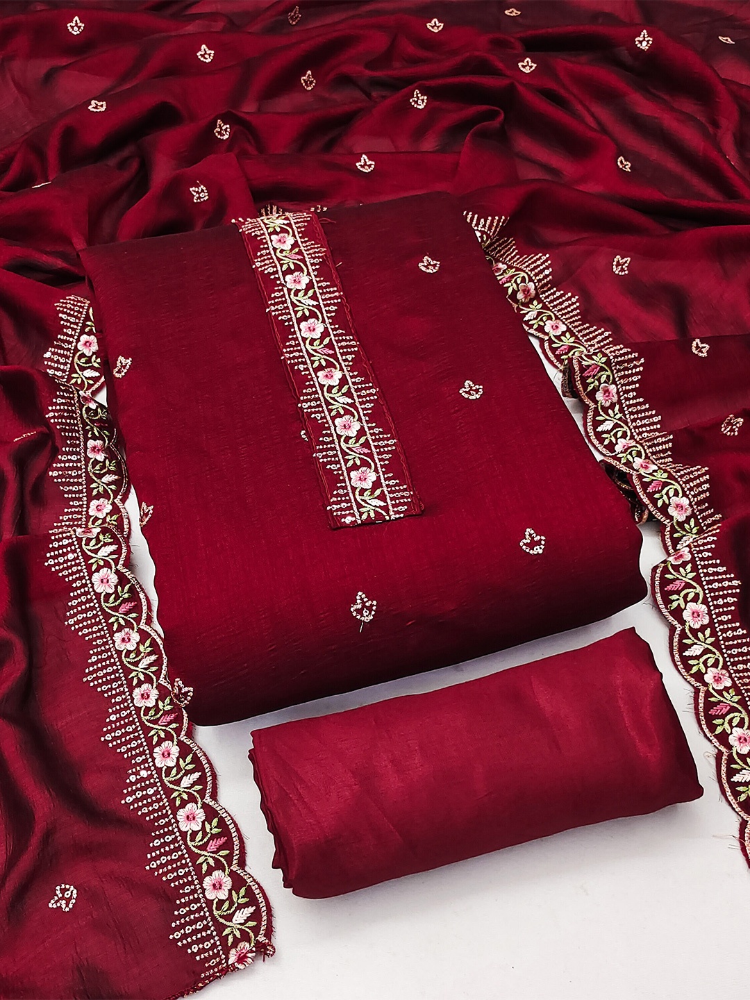 

KALINI Ethnic Motifs Embroidered Unstitched Dress Material, Maroon